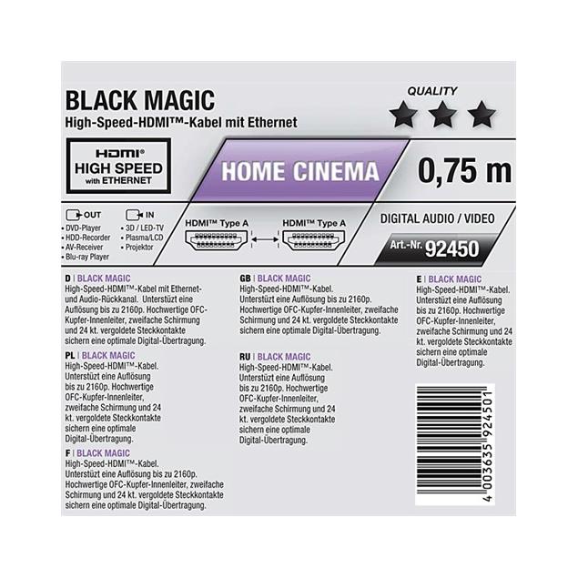 Oehlbach 92450 - Black Magic - High-Speed-HDMI®-Cable with Ethernet 1 x HDMI Type A to 1 x HDMI Type A (1 pc / 0,75 m / black/gold)