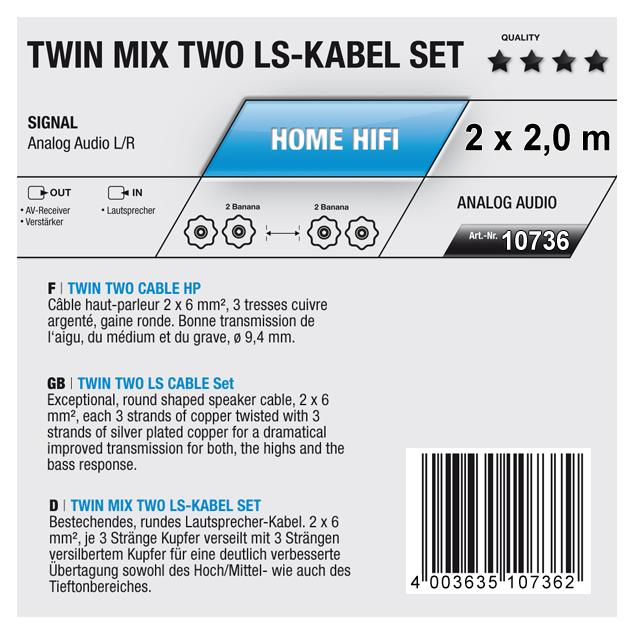 Oehlbach 10736 - Twin Mix Two B - Loudspeaker cable, silver plated (2 x 2,0 meters / 2 x 6,0 qmm / with banana connector)