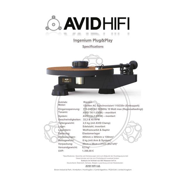 AVID Ingenium Plug & Play - record player (33 & 45 rpm / incl. AVID TA-1 - tonearm / incl. AVID CA-1 - MM cartridge / black)
